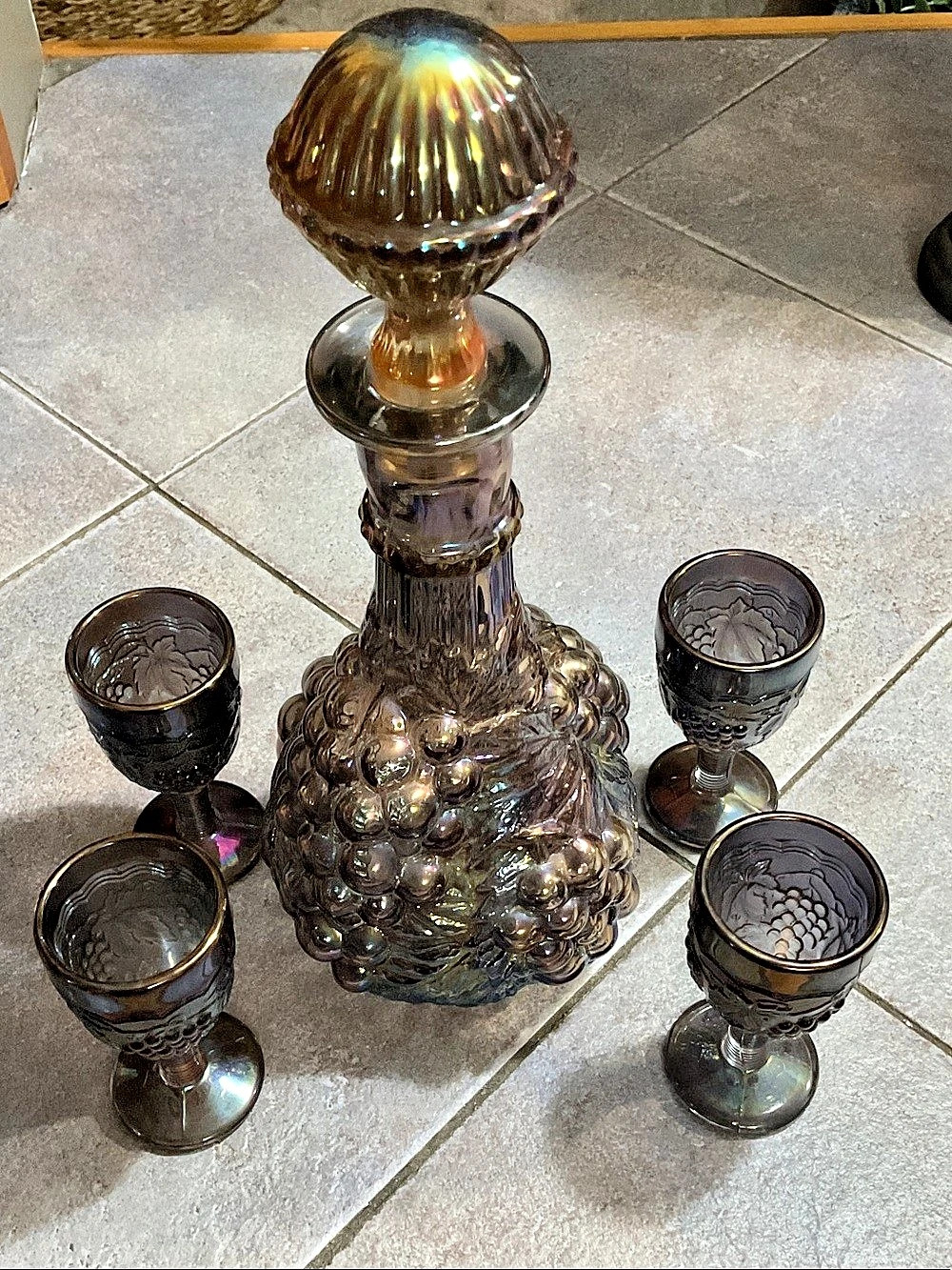 Indiana Glass Harvest Grape Carnival Glass Decanter Set with Goblets